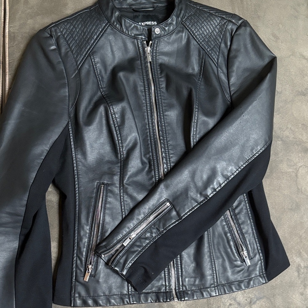 Express Women's Black Faux Leather Jacket with Quilted Shoulders